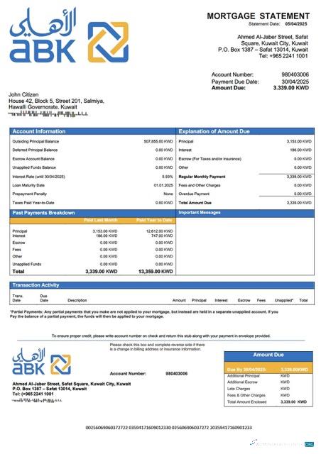 Download Kuwait Al Ahli Bank of Kuwait mortgage statement Word and PDF template Photoshop template
